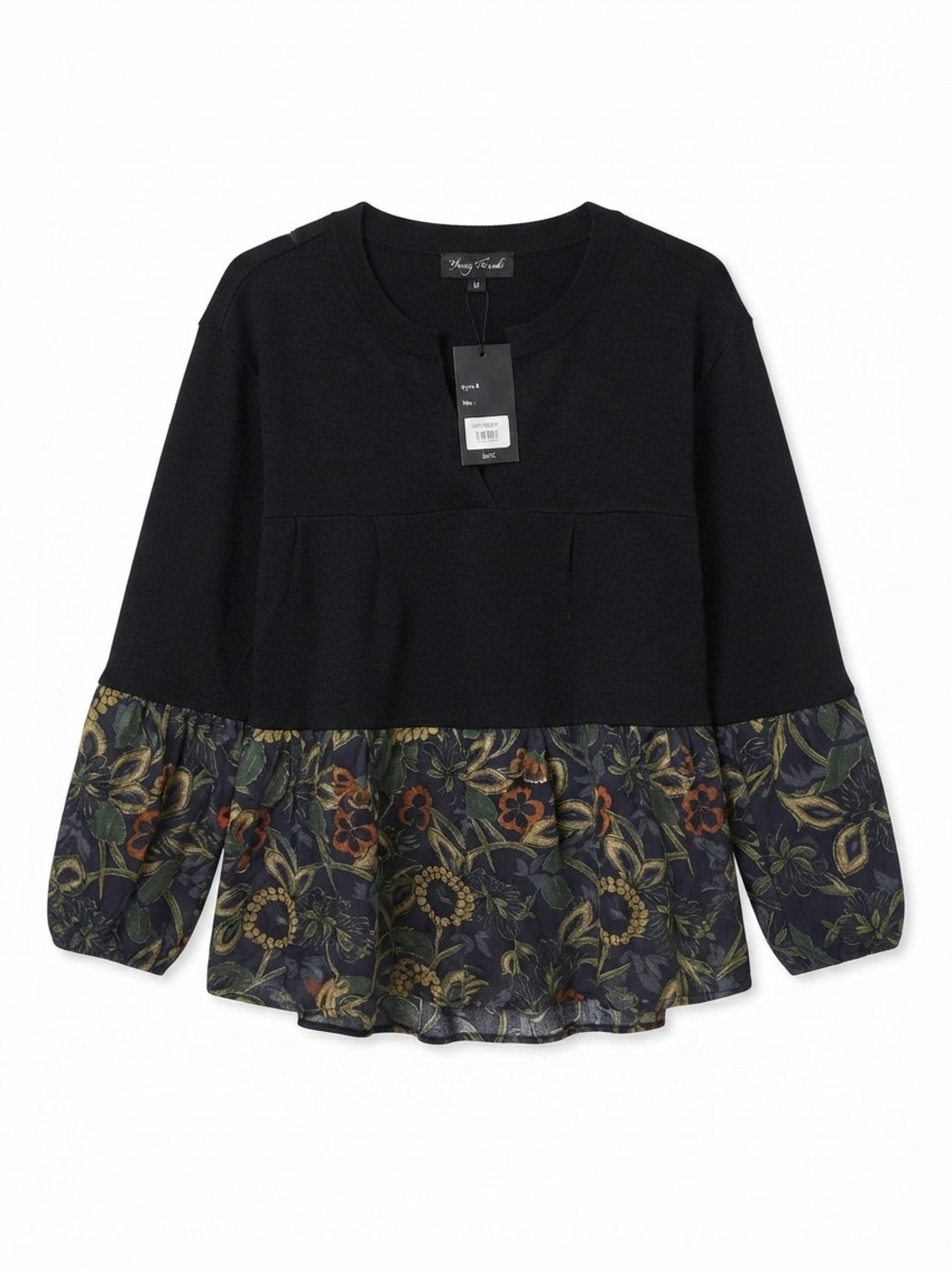 Young Threads Black Floral Contrast V-Neck Long Sleeve Sweater Top Size Medium